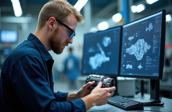 Male mechanical engineer examines metal car engine prototype component in research lab office. Caucasian expert analyzes gear system design on dual computer screens monitor. Pro developer works on