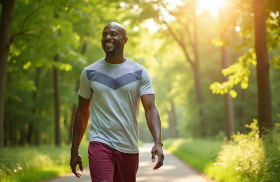 Mature African American man walks along path in green public park. Fit bald person enjoys sunny summer morning during outdoor workout. Smiling male athlete cardio exercise for health, wellness.