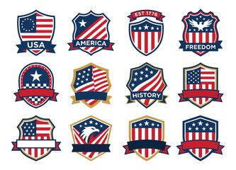 Obraz premium Collection of patriotic American shield emblems with stars and stripes on a white background