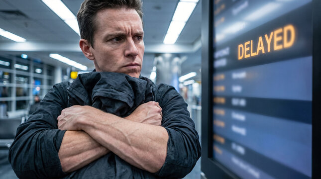 Disappointed passenger looking at delayed flight schedule screen