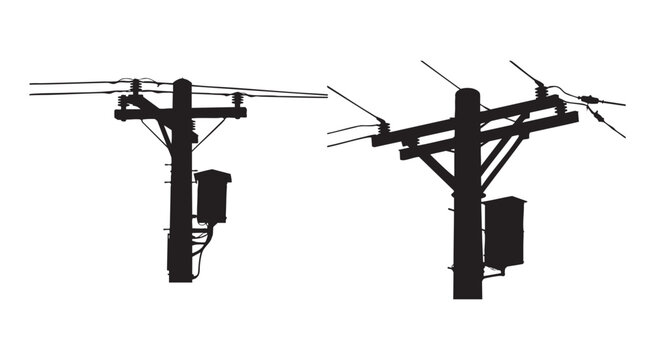Silhouette of electricity power poles with transformers and wires on transparent background.