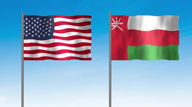 Flag of Oman and USA, Pole flag of Oman and USA on clear sky background. Oman and USA flag waving. 
