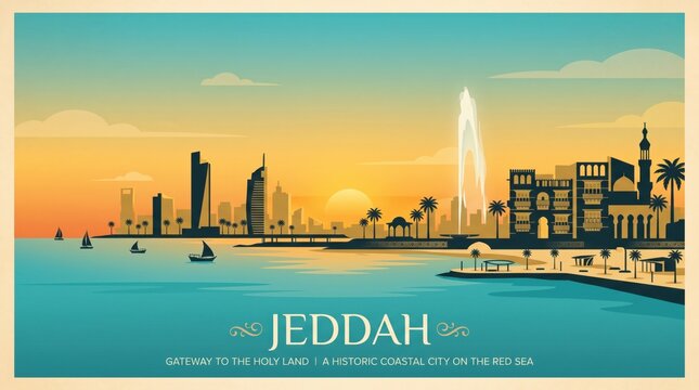 Jeddah travel poster, king fahd fountain skyline, red sea sunset palm trees. coastal travel illustration