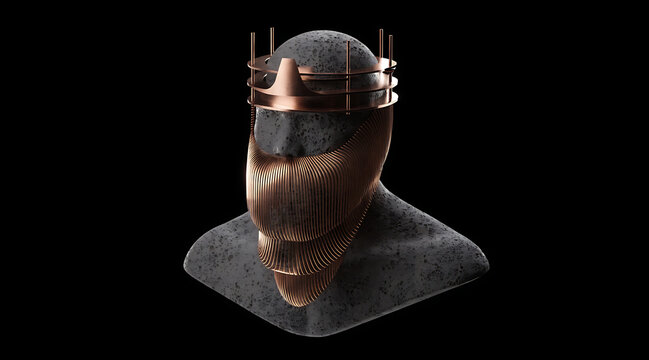 Modern industrial sculpture of faceless head with layered copper mask and crown conveying enigmatic emotion