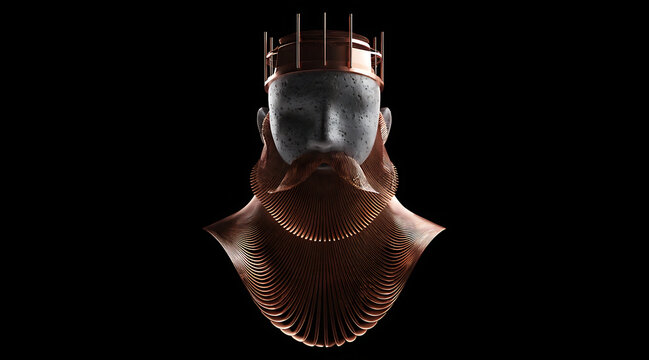Sculpted industrial face crown copper beard concrete mask futuristic regal portrait