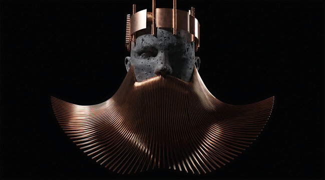 King metal sculpture face crown copper beard futuristic industrial artwork portrait in shadow