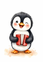 Obraz premium Cute Penguin Playing Accordion Watercolor Illustration 