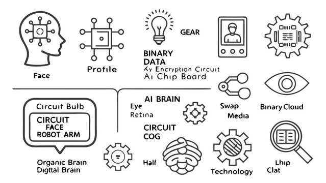 A futuristic illustration of a human face with a circuit board brain and various technological elements.