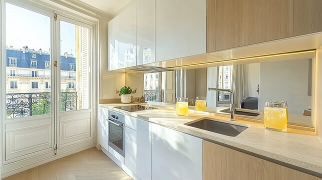 Modern kitchen with a view of a Parisian building