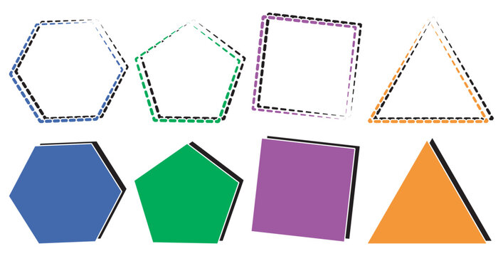 Collection of geometric shapes including hexagons, pentagons, squares, and triangles on transparent background