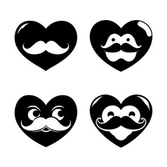 Fototapeta premium Black hearts with mustache icons - Four stylish black heart icons featuring playful mustache designs, perfect for social media or decorative use.