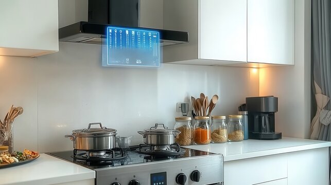 Modern kitchen with smart hood display and appliances