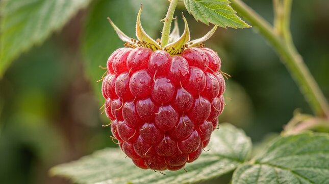 Extreme macro photography of a single ripe red raspberry on a green leaf covered with fresh morning dew. Detailed close up of tiny drupelets and fine hairs. Healthy summer berry harvest concept.raspbe