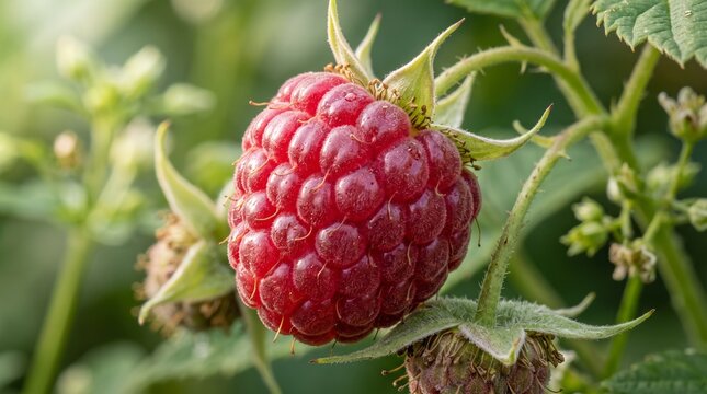 Extreme macro photography of a single ripe red raspberry on a green leaf covered with fresh morning dew. Detailed close up of tiny drupelets and fine hairs. Healthy summer berry harvest concept.raspbe