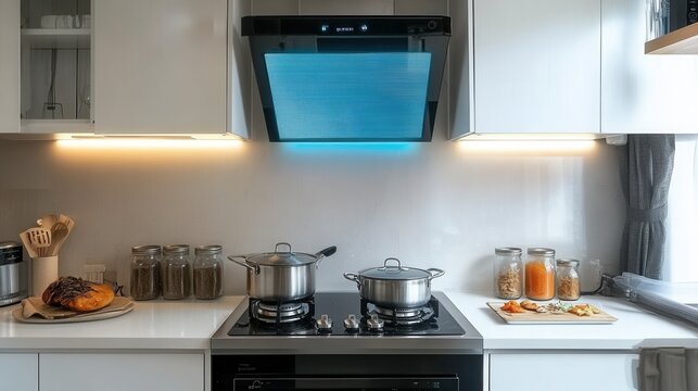 Modern kitchen with island range hood and induction cooktop