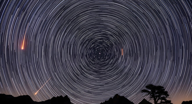 Circular star trails captured in a long exposure photograph with meteors streaking across the night sky above silhouetted mountains