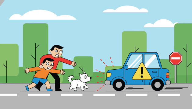 Two frightened boys trying to stop their puppy from running in front of an approaching blue car.