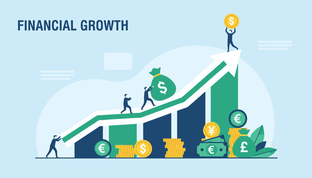 Small business people working together to push up financial growth arrow decorated with money sacks and coins.