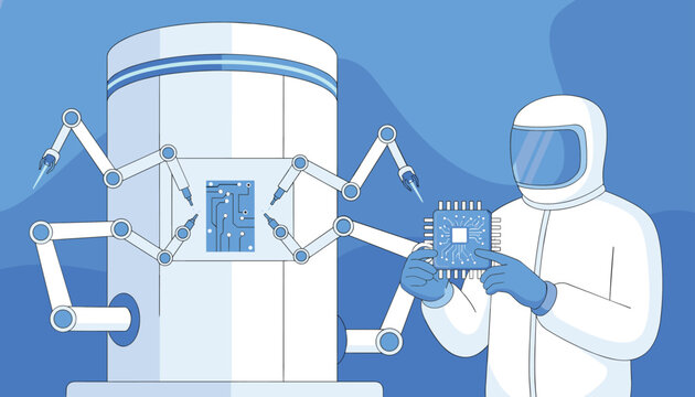 Professional engineer in sterile protective suit holding microprocessor chip in front of advanced automated robotics.
