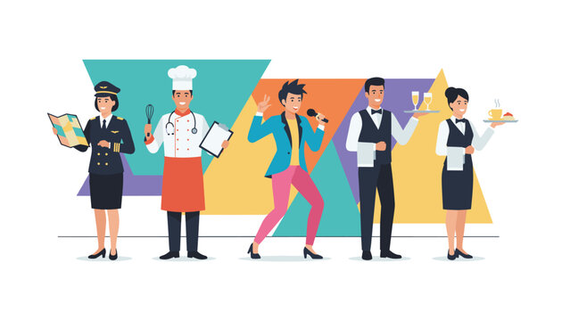 Diverse professional workers from various industries including a pilot, a chef, a singer, and restaurant waiters.