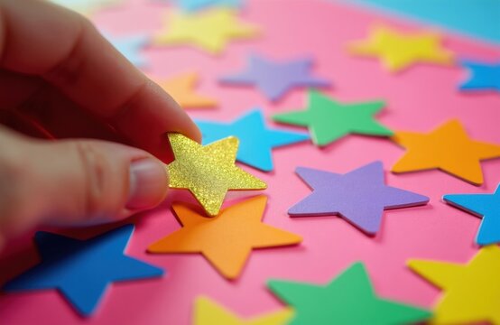 Hand places glitter gold star sticker onto pink chart paper. Colorful educational board shows progress success reward system for children learning. Concept focuses on motivation accomplishment goal