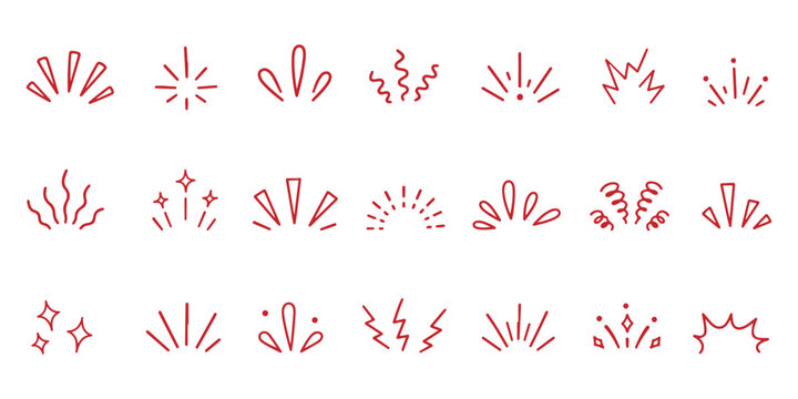 Hand-drawn sparkle and star doodle set. Vector collection of black line art bursts, fireworks, and decorative elements on white background for celebratory designs and cute accents. 
