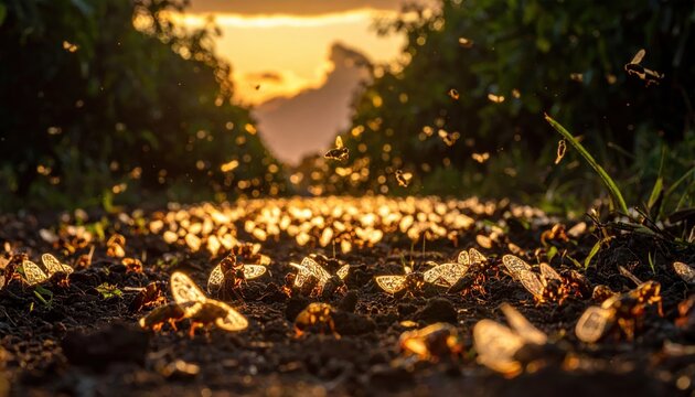 Mass Emergence of Cicadas Swarming From Soil at Dusk in Golden Sunlight