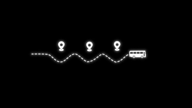  White bus route path animation on black screen background. Perfect for bus route, bus paths.