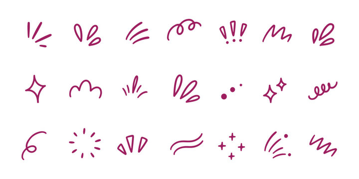 Hand drawn doodle line sparkle vector set, comic style decorative lines, burst effects, and dynamic radial patterns. Hand drawn pop surprise line frame for title headline illustration. 
