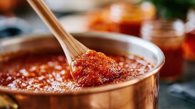 Close-up of thick, textured tomato sauce being stirred in a copper pot with a wooden spoon, jars of sauce blurred in background