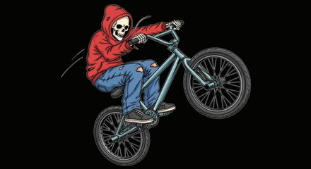 Obraz premium Skeleton in Red Hoodie Performing a Wheelie Trick on a BMX Bicycle Illustration