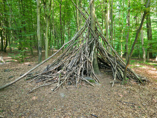 germany, rustic tipi built from wooden branches creating imaginative forest shelter in peaceful summer woodland near wendlingen germany © Simon Dux Media