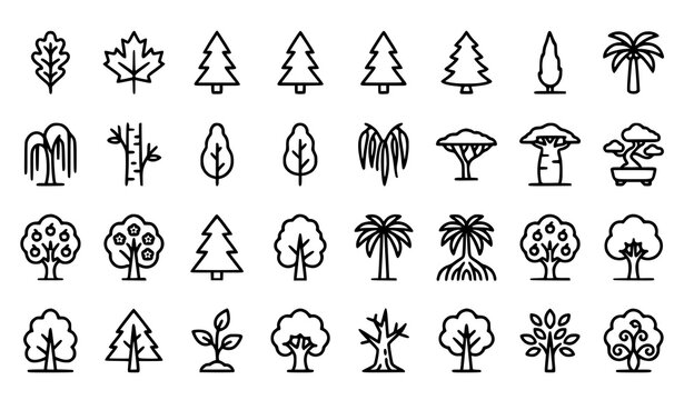 Professional Minimalist Tree Forest and Nature Outline Icon Collection Editable Stroke Vector