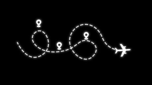 White Plane route path animation on black screen background. Perfect for Plane route, Plane paths.
