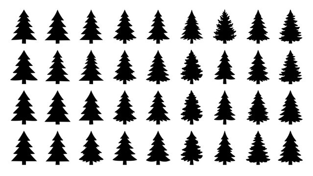 Collection of various black pine tree silhouettes with silhouette, collection