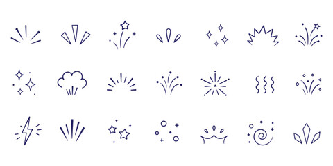 doodle line sparkle vector set, comic style decorative lines, burst effects, and dynamic radial patterns. Hand drawn pop surprise line frame for title headline illustration. Doodle sparkle and rays .  © HIKE STUDIO 9