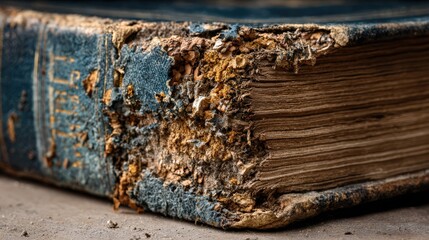 Fototapeta premium Damaged Old Book Spine with Mold Decay Historical Texture Photography