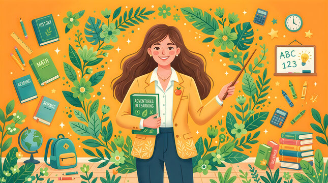 Smiling female teacher holding book and pointing with stick in front of floral garden.