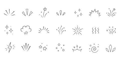 doodle line sparkle vector set, comic style decorative lines, burst effects, and dynamic radial patterns. Hand drawn pop surprise line frame for title headline illustration. Doodle sparkle and rays .  © HIKE STUDIO 9