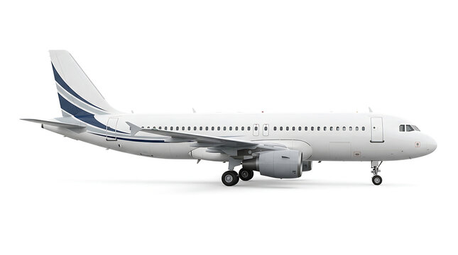 Side view of a white passenger jet airplane with blue stripes isolated on a white background