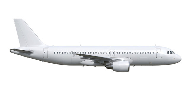 Side view of a white passenger airplane isolated on a white background, for aviation travel concepts