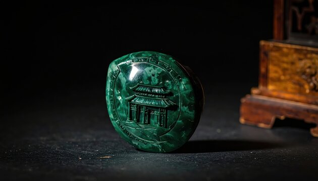 Intricately Carved Jadeite Sculpture of an Ancient Asian Temple with Deep Green Patina