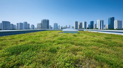 Obraz premium Urban Rooftop With Lush Greenery and Modern City Skyline Under Clear Blue Sky