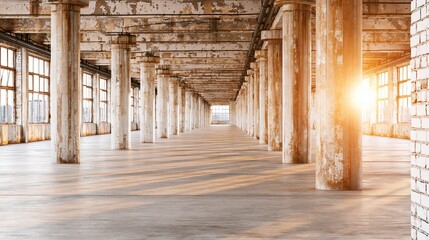 Obraz premium Sunlight streams through large windows into vast, empty industrial warehouse with concrete columns and floors