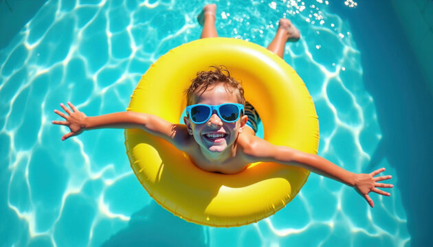 Smiling boy wearing blue sunglasses floats on yellow ring in clear pool water. Kid enjoys sunshine summer day, splashes water, has fun on vacation. Childhood joy, carefree play.