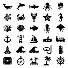 Set of nautical and marine life icons with nautical wildlife jellyfish © kkk
