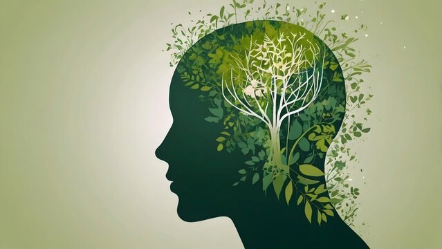 Human head silhouette profile with green tree growing for mental health