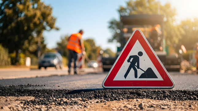 Road construction warning sign placed on asphalt road surface