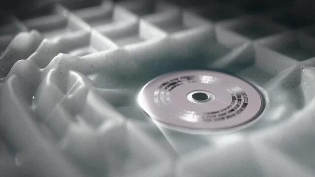 Symbolic 4K seamless loop showing a music CD spinning on a hard surface, fluidly transforming into powerful audio waves. Artistic visual metaphor for the raw power of music