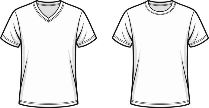 Cad drawing v neck and crew neck t shirt technical illustration fashion design